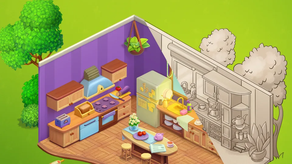 3D kitchen design interior with modern furniture
