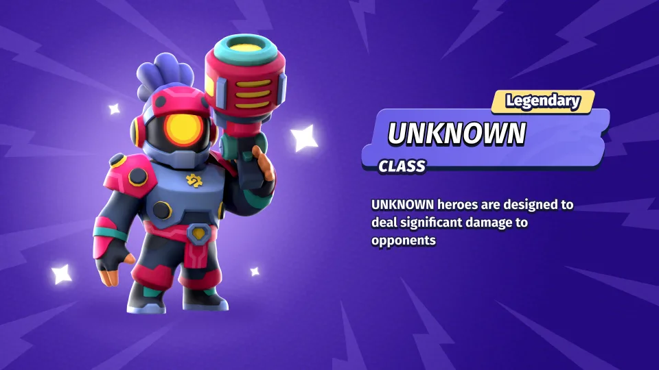 Legendary hero character with weapon and class description
