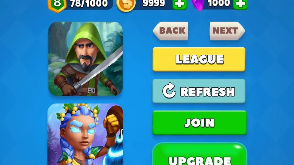 Mobile game interface showing hero selection and league options.