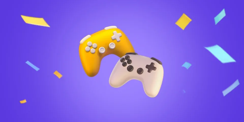 Two colorful game controllers floating on a purple background with confetti elements