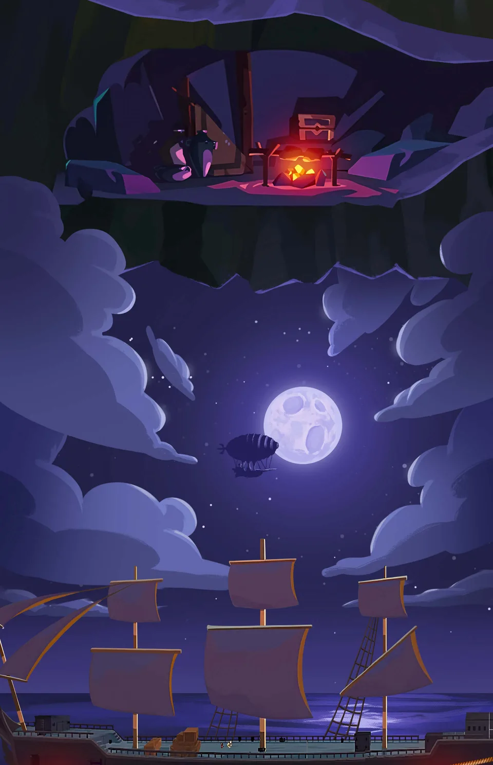 Eliora game night scene with ship and moon