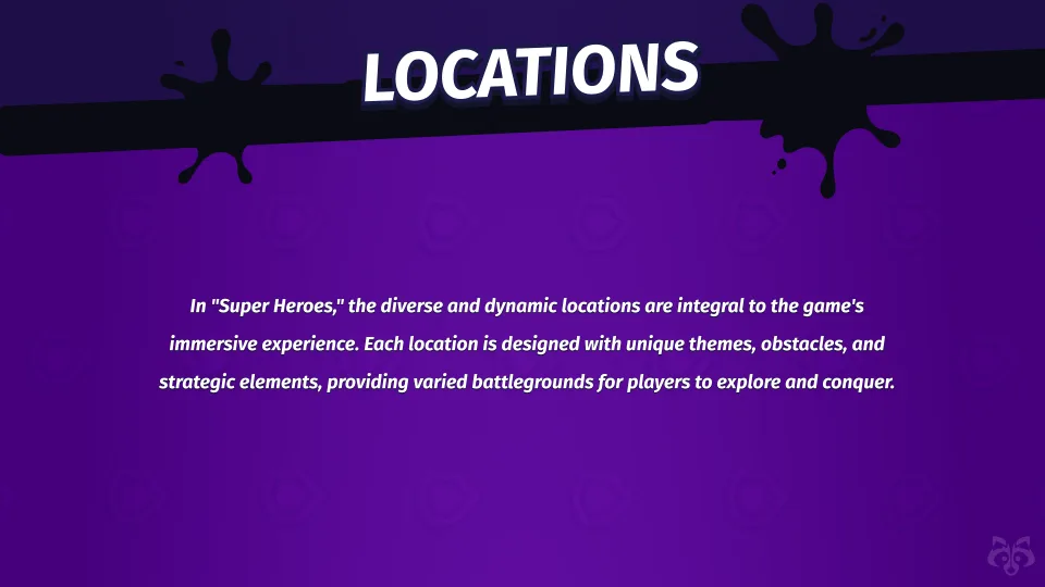 Description of diverse game locations in Super Heroes game.