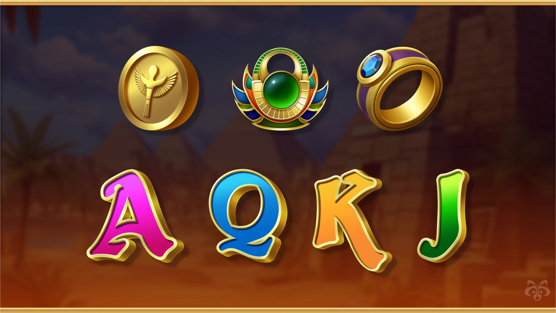 Close-up view of premium and standard slot symbols, including rings, gems, and letters, in the Legends of Egypt game.