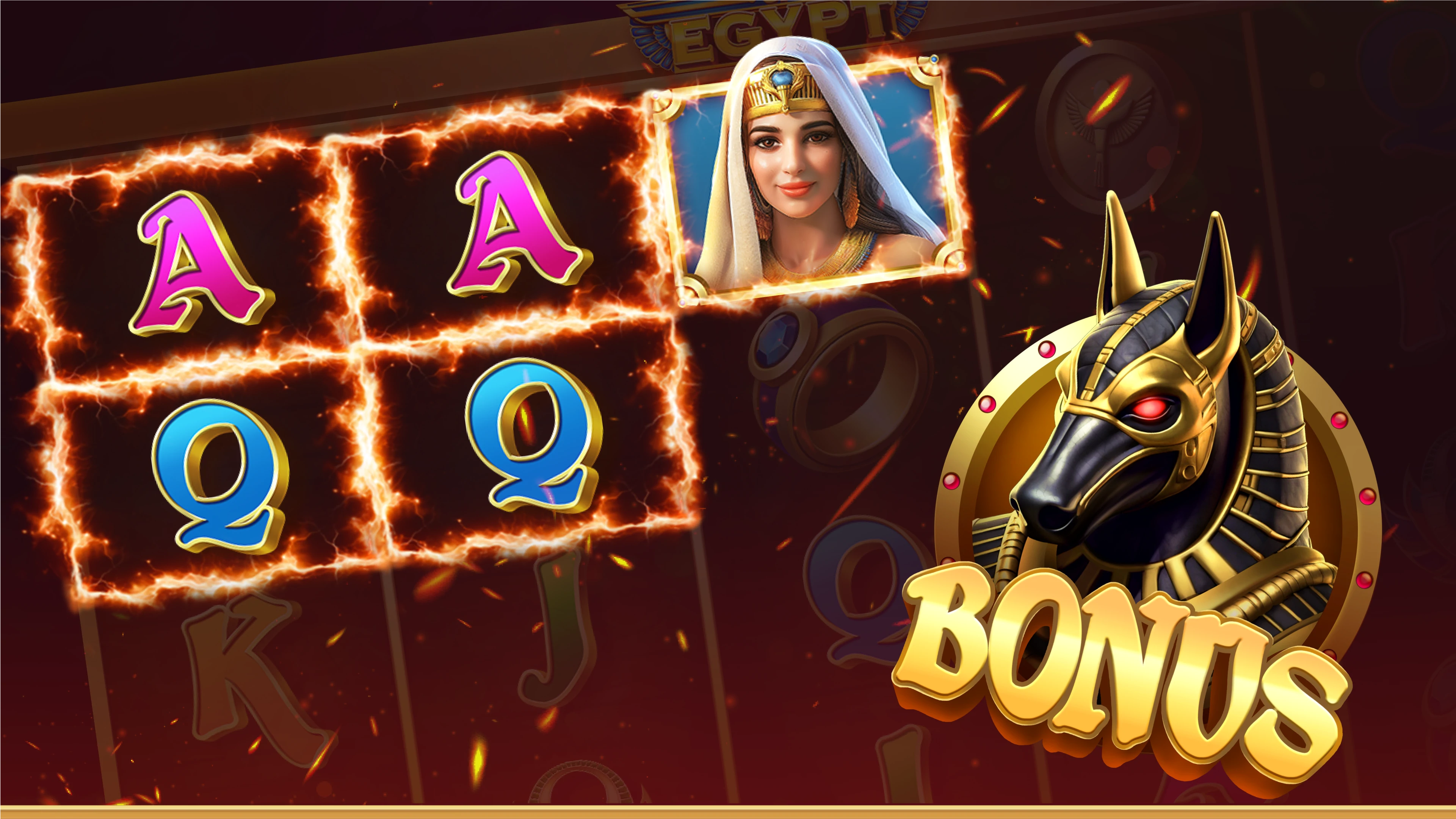 Slot reels in motion showing bonus symbols and character tiles during a spin in Legends of Egypt, a social casino game.