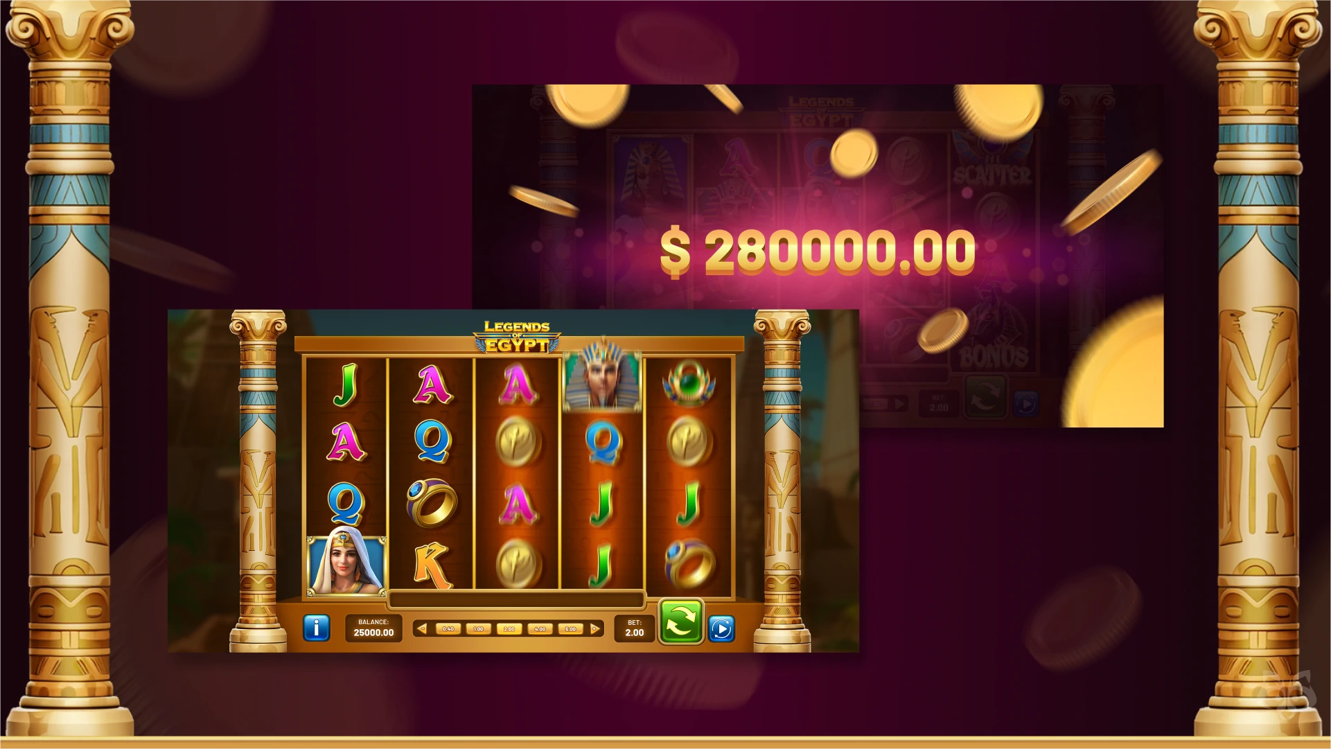 High win moment in Legends of Egypt with winnings displayed and reels landing high-value symbols in play.