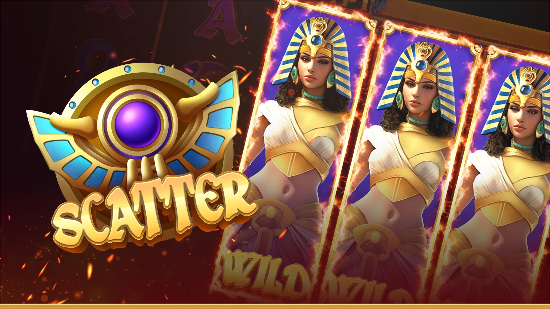 Scatter symbol animation with dramatic effects and themed artwork in Legends of Egypt, a social slot game.
