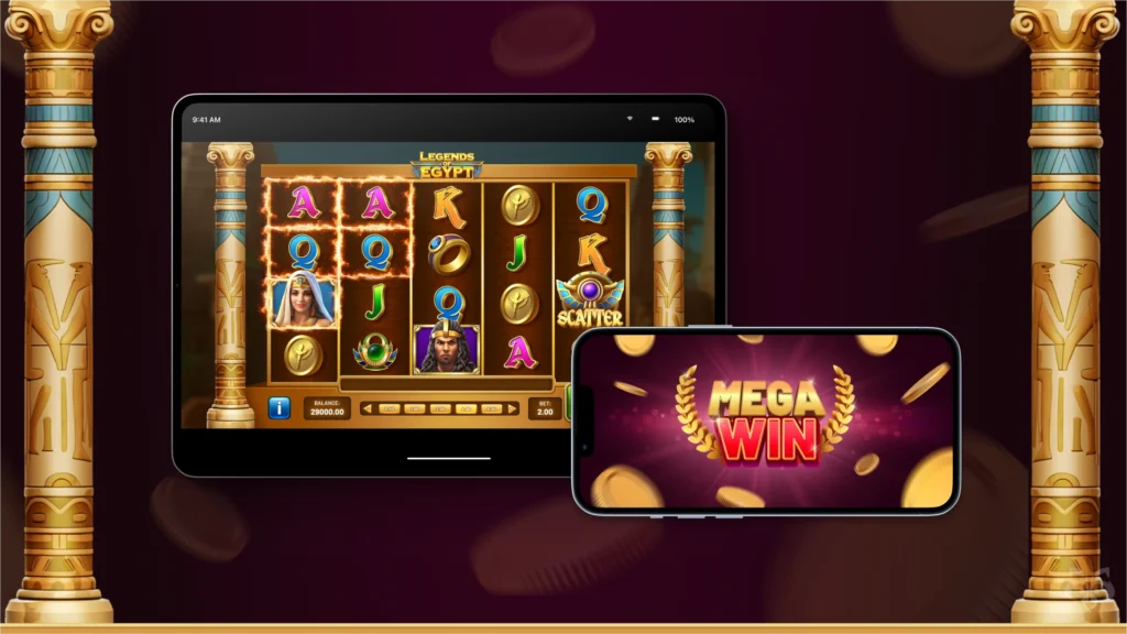 Responsive UI preview of Legends of Egypt gameplay on tablet and mobile devices with Mega Win example.