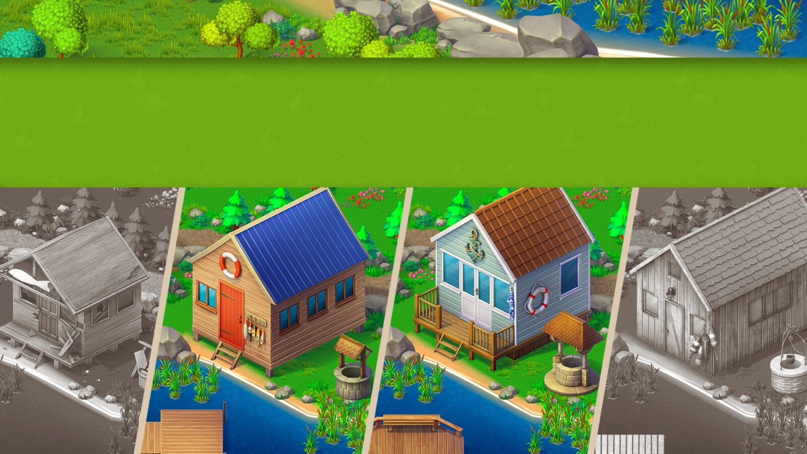 Colorful farm houses along river