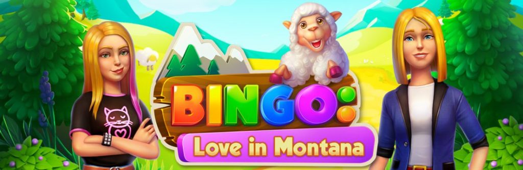 Bingo: Love in Montana game banner with characters and a sheep mascot, showcasing a colorful and well-balanced casual game theme.