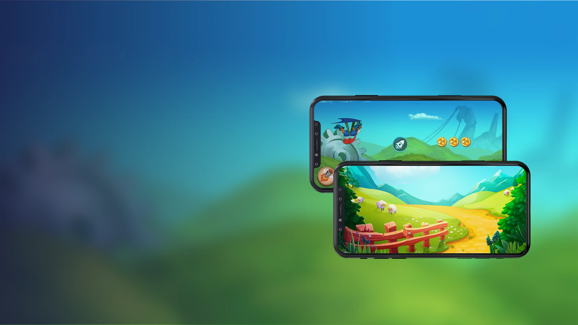 Two smartphone screens showcasing user interface and gameplay elements of an Android mobile game project.