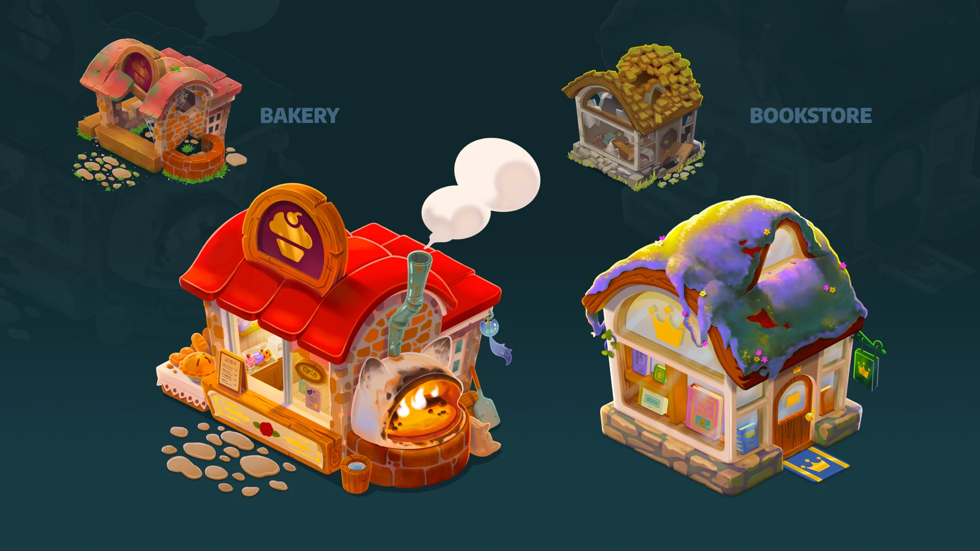 Mobile game buildings bakery and bookstore design