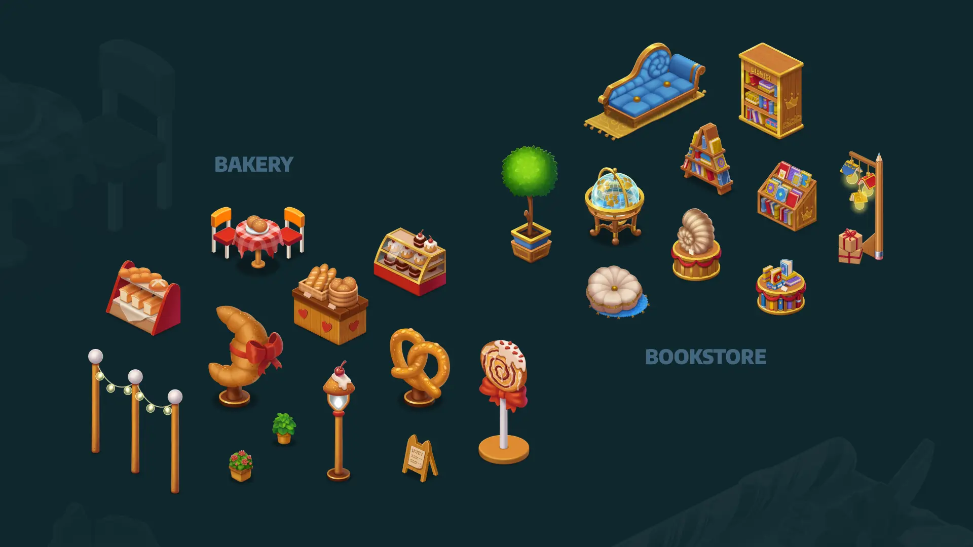 Mobile game bakery and bookstore decorative objects