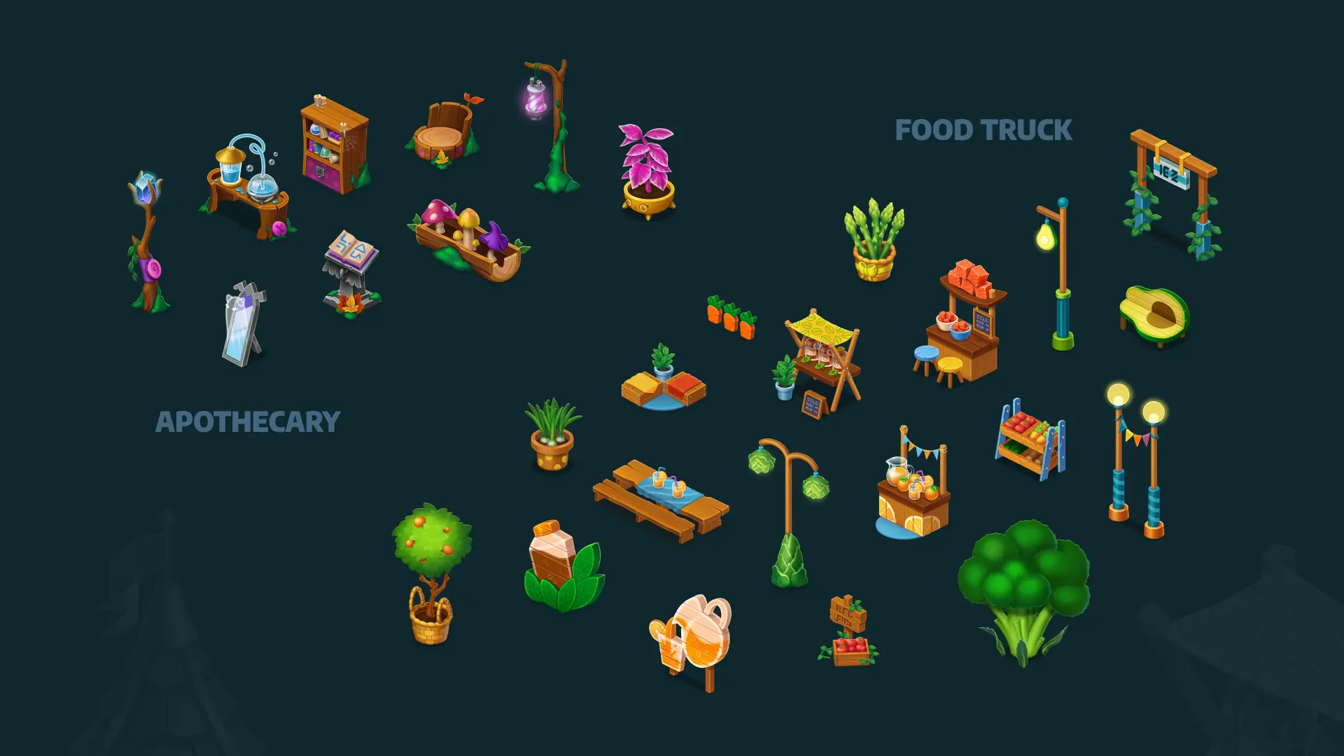 Mobile game decorative assets for apothecary and food truck