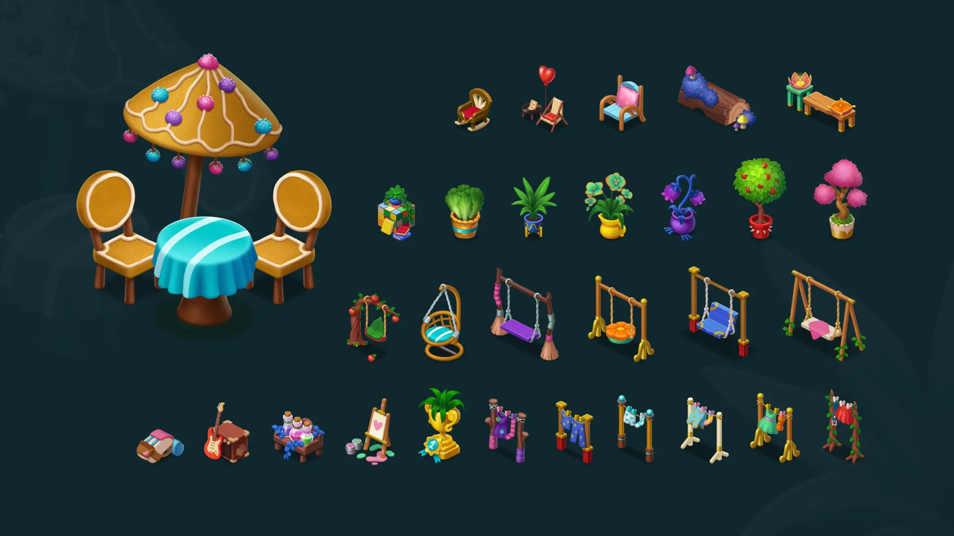 Mobile game decorative furniture and environment assets