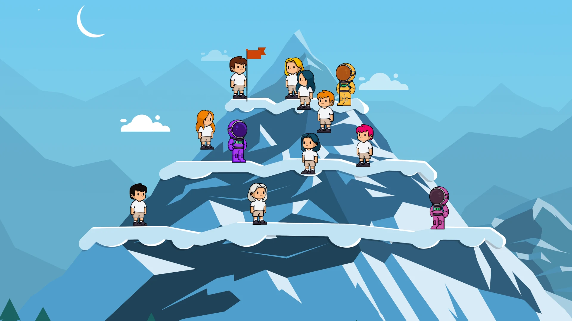 Mountain peak scene: team characters in animated setting