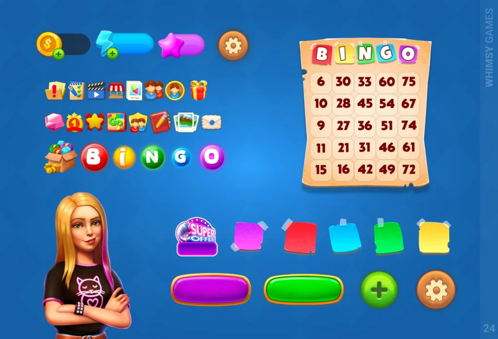 Bingo game interface with interactive UI elements that showcase reward systems, progression, and player engagement design.