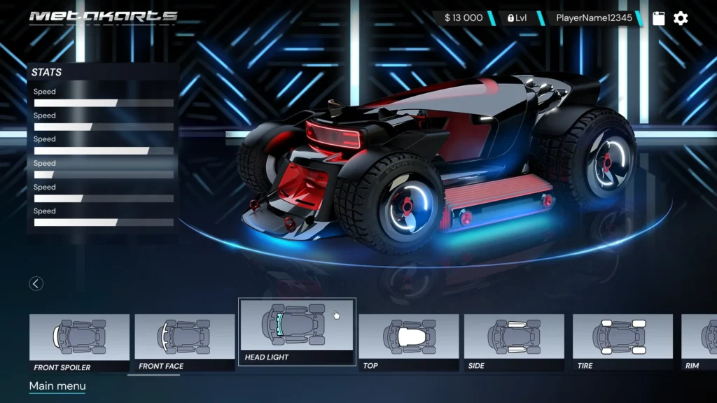 Futuristic racing kart customization interface: lights, spoiler, tires. Neon-lit digital garage with speed stats panel.