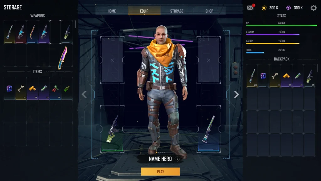 Battle royale UI from Wild Rage showing gear loadout, survival stats, and inventory - illustrating key engagement mechanics.