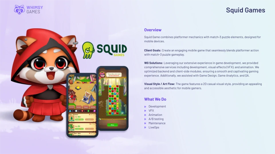 Mobile gameplay scene from Squid Game, combining platformer action with match-3 puzzle mechanics.