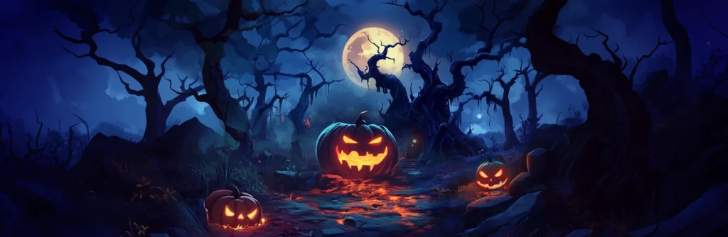 Halloween-themed Live Ops update for a mobile game: spooky UI, pumpkins, dark forest background, and animated effects.