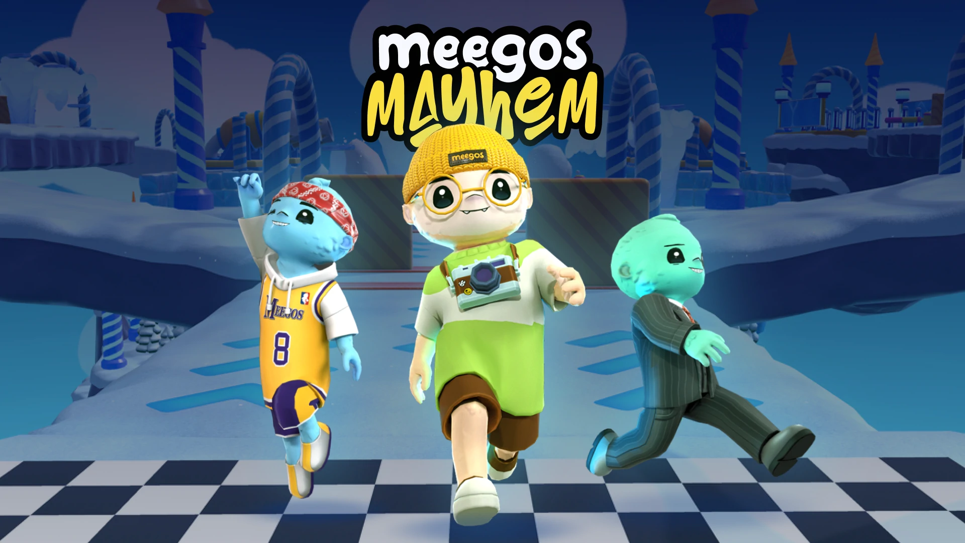 Meegos Mayhem splash screen with main characters – game intro by Whimsy Games