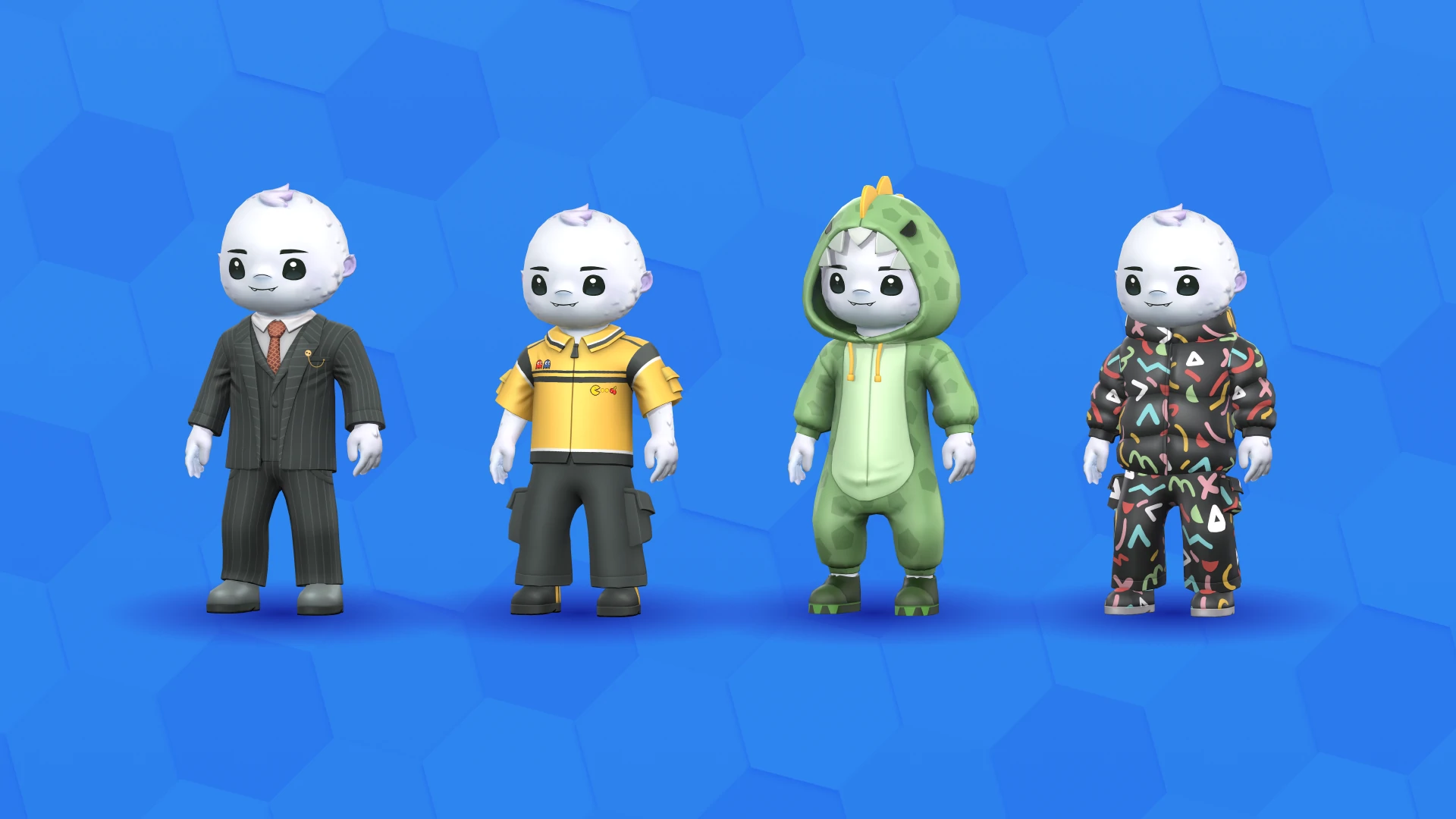Avatar selection menu with helmeted and suited characters – customization system