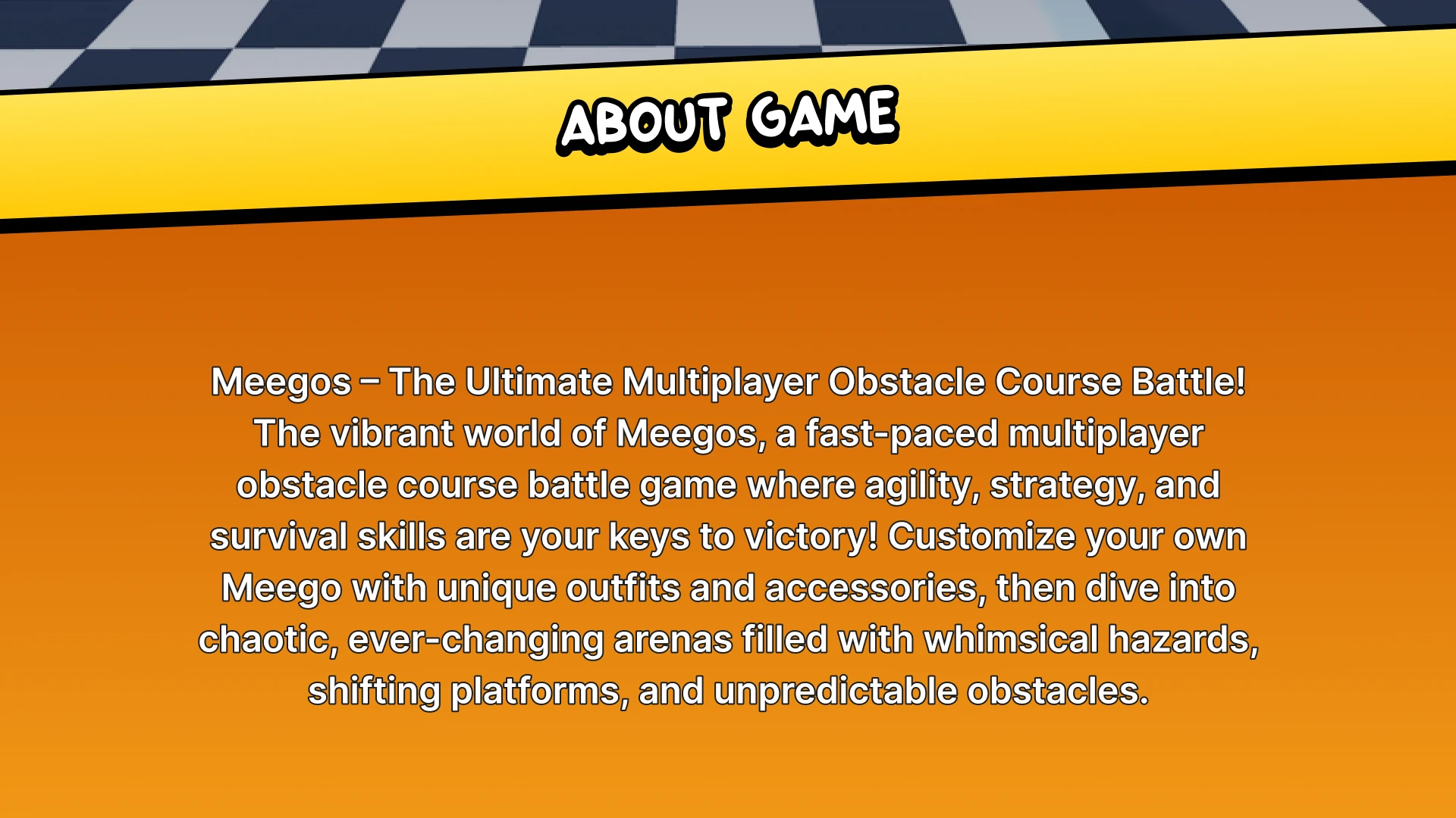 About the game screen – Meegos Mayhem project description interface