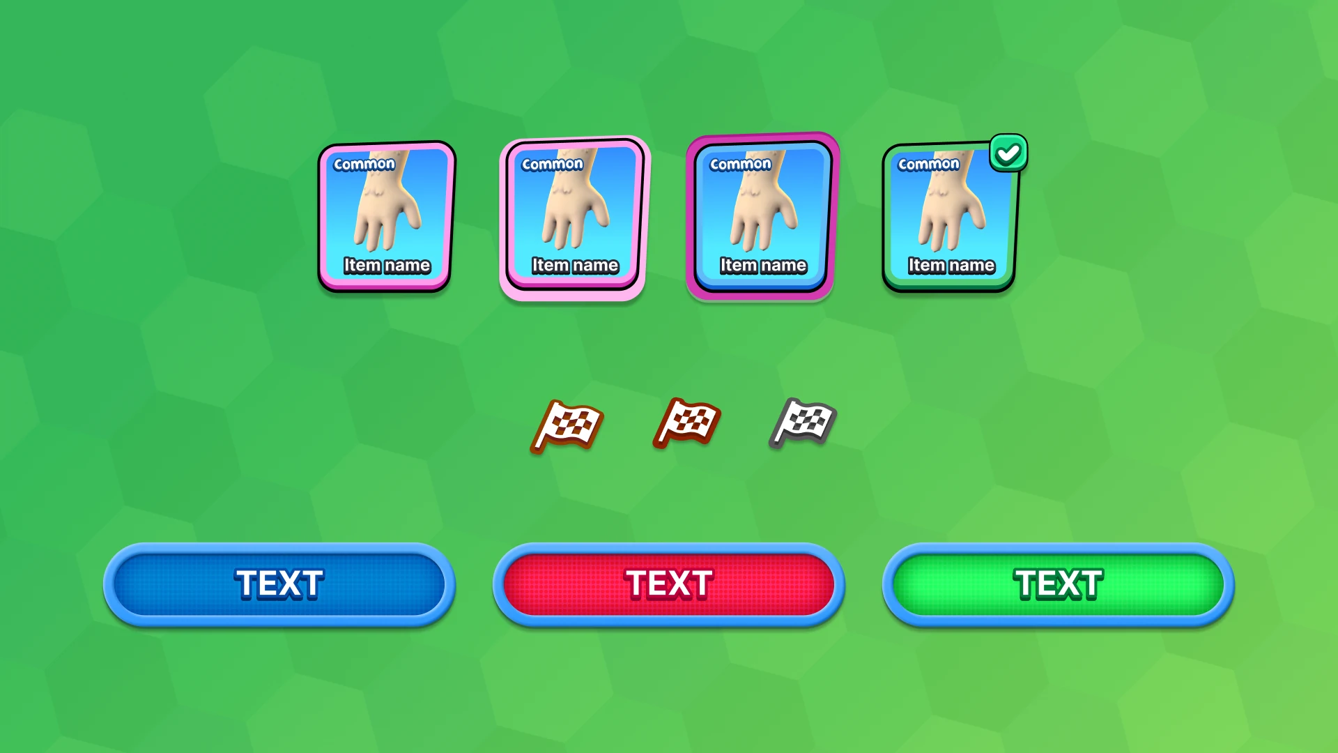 Equipment selection screen with four glove cards labeled 'Common' above colored TEXT buttons and race flag icons – Meegos Mayhem UI