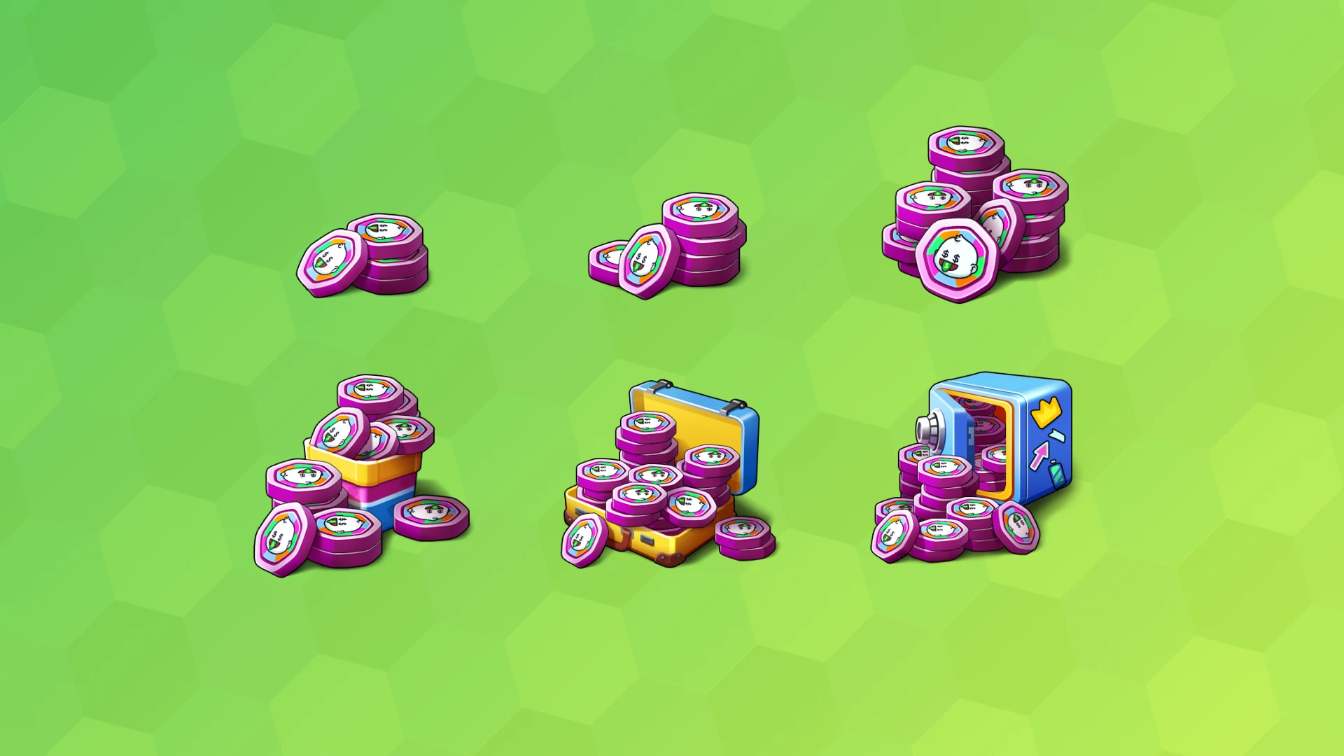 Six icon sets of purple game tokens with Meegos logo, including loose coins, crates, and safe – in-game currency icons from Meegos Mayhem