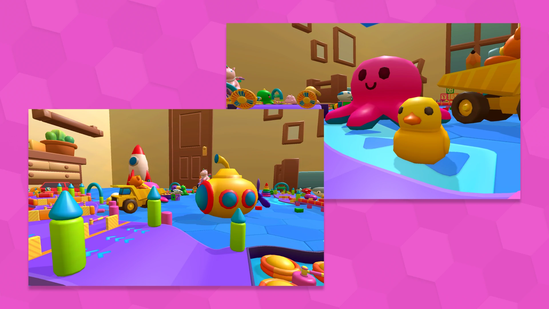 Obstacle course room with stylized toys – Whimsy Games environment design