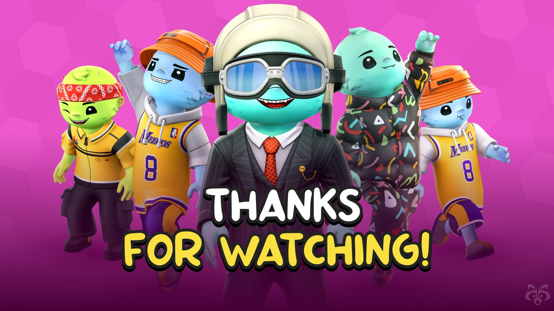 End screen with Meegos characters – multiplayer obstacle game by Whimsy Games
