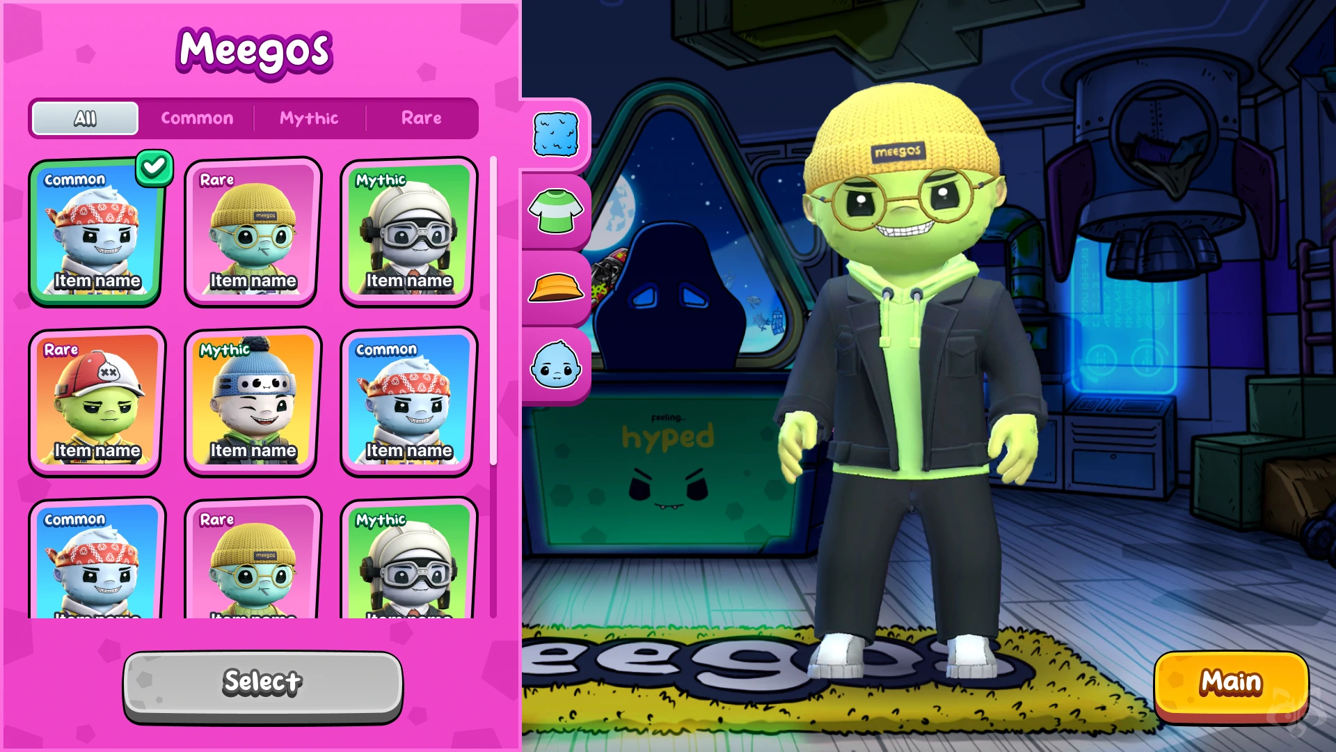 Character setup screen with equipped outfits – Meegos Mayhem UI by Whimsy Games