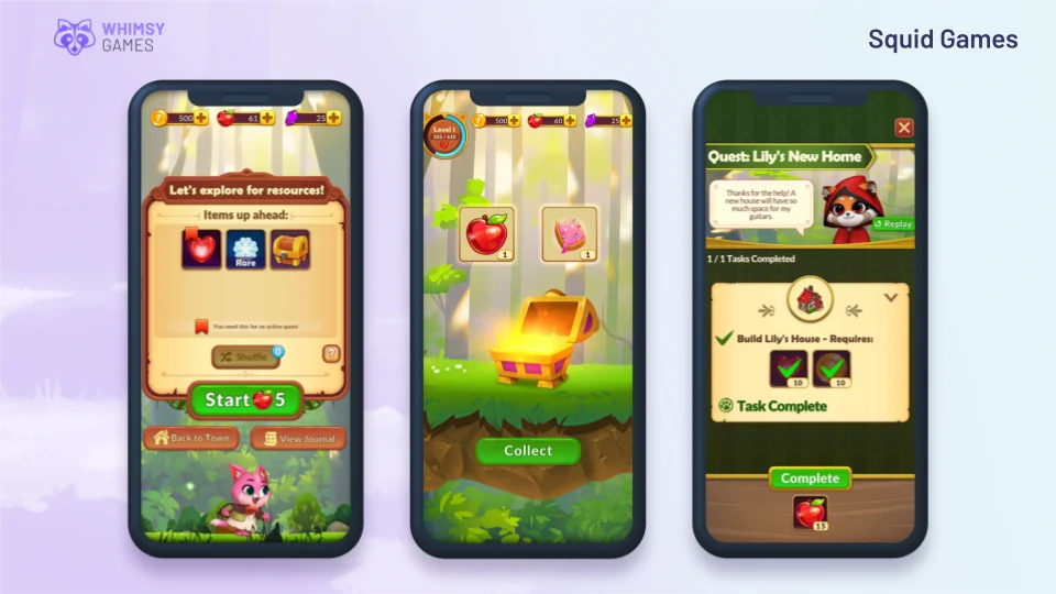 Mobile UI from Jellyvale: A Match Tale showing quest progress, resource collection, and puzzle-based level mechanics.