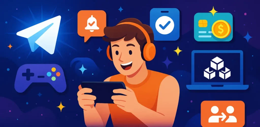 Player using a smartphone with Telegram icons and gaming features around him
