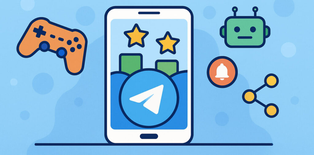 A smartphone with the Telegram logo and game icons representing Mini App mobile gaming