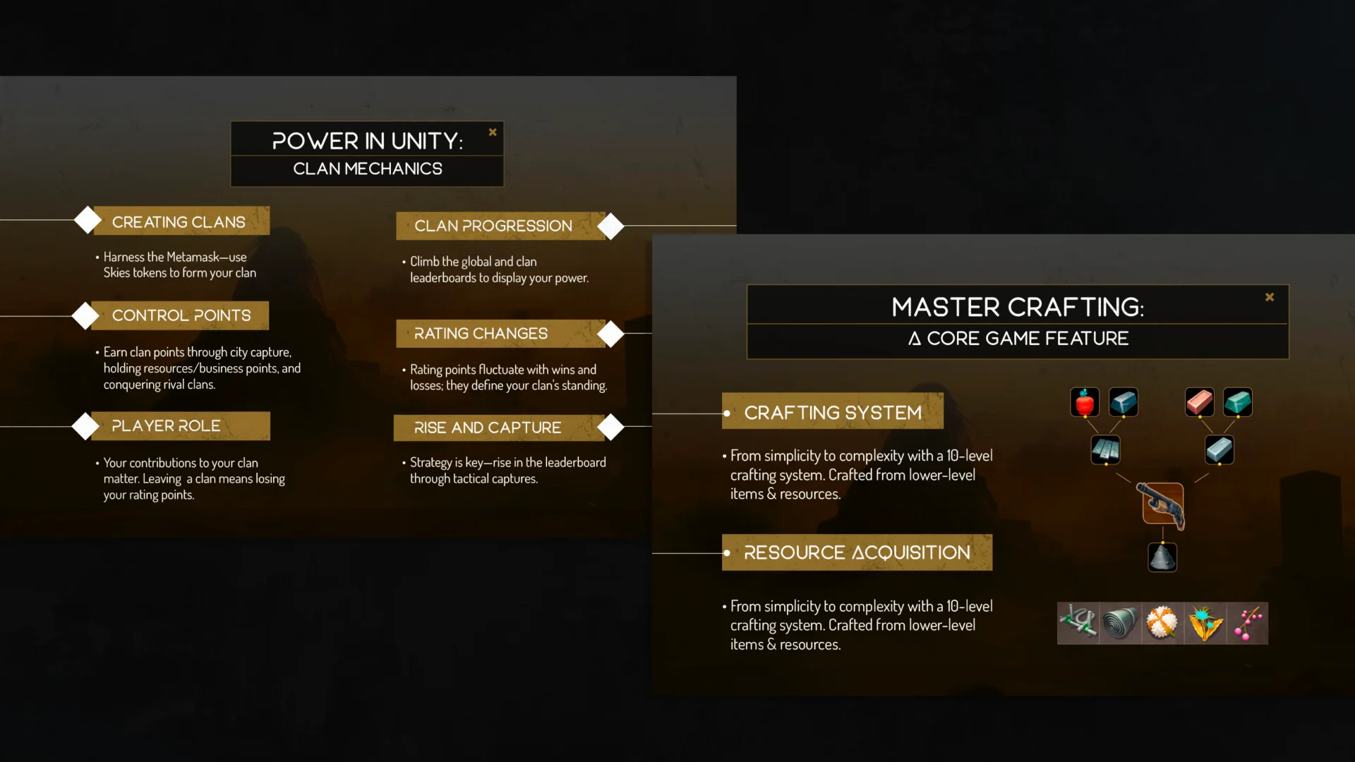 Skiesverse crafting and clan mechanics presentation slide