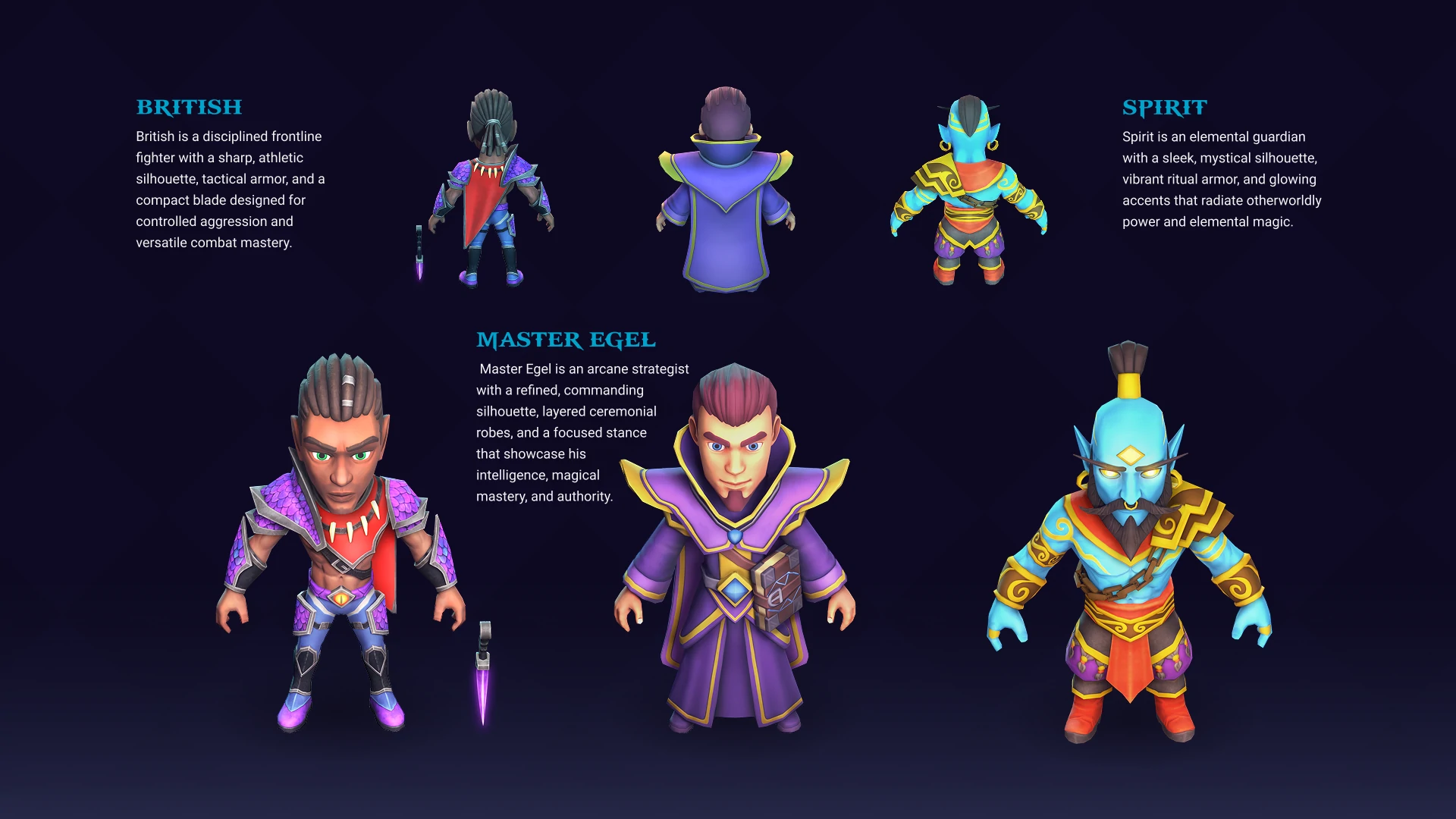 Mages and warriors from Legends of Rodrim in dynamic action poses