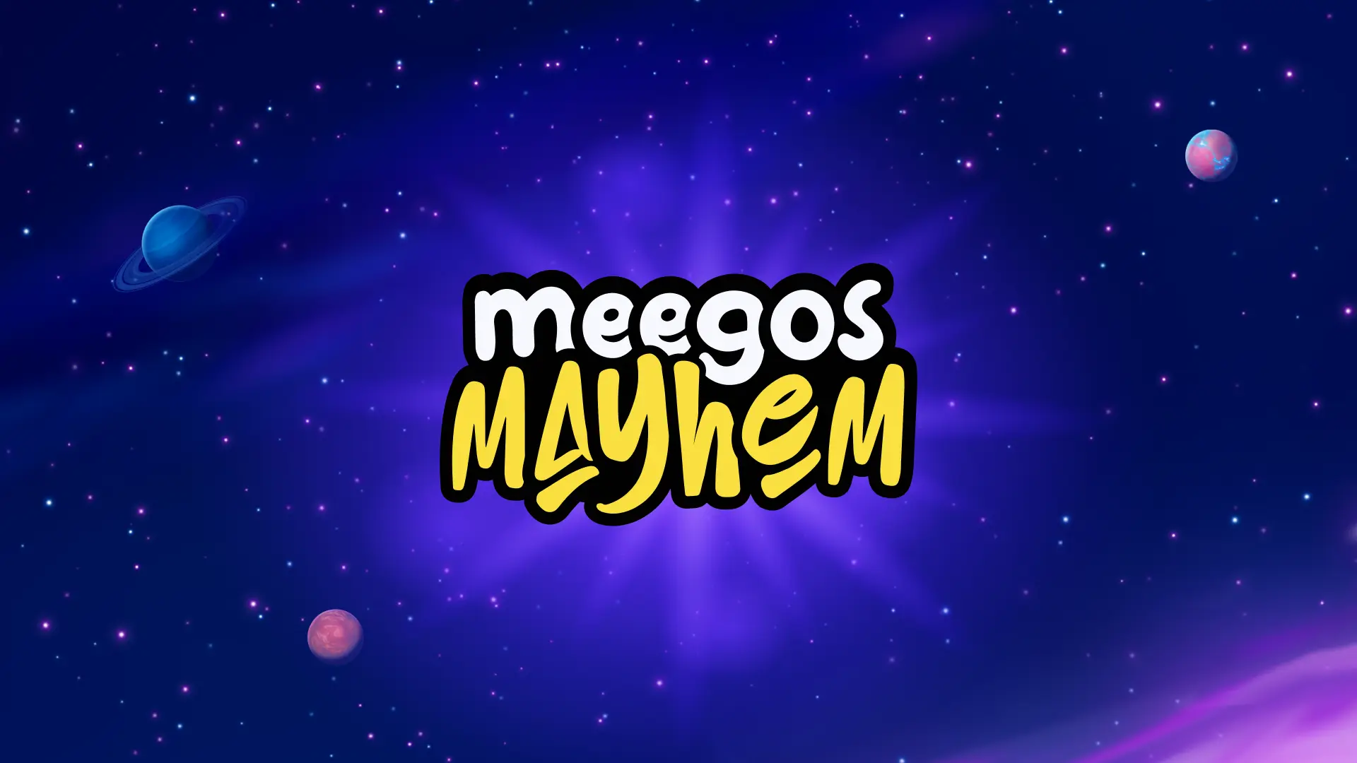 Meegos Mayhem game logo in space
