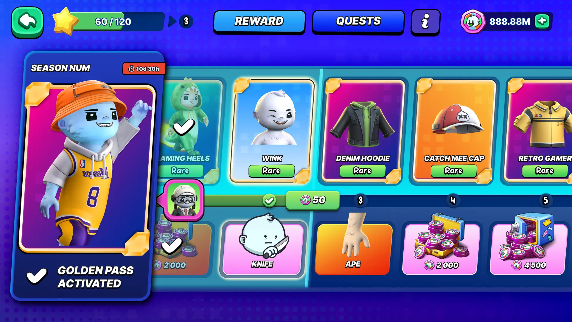 Meegos Mayhem Golden Pass rewards screen