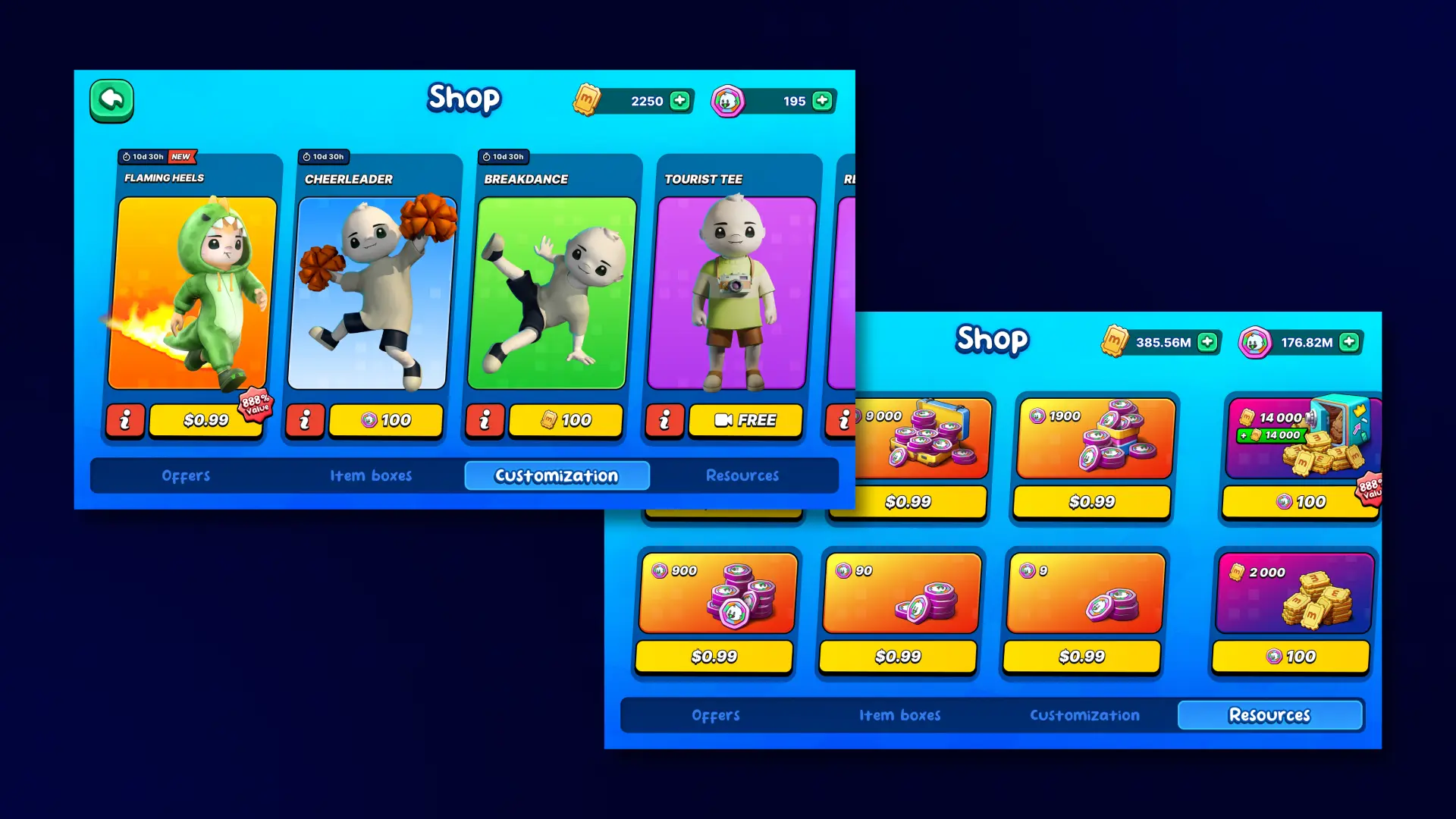 Meegos Mayhem shop customization screens