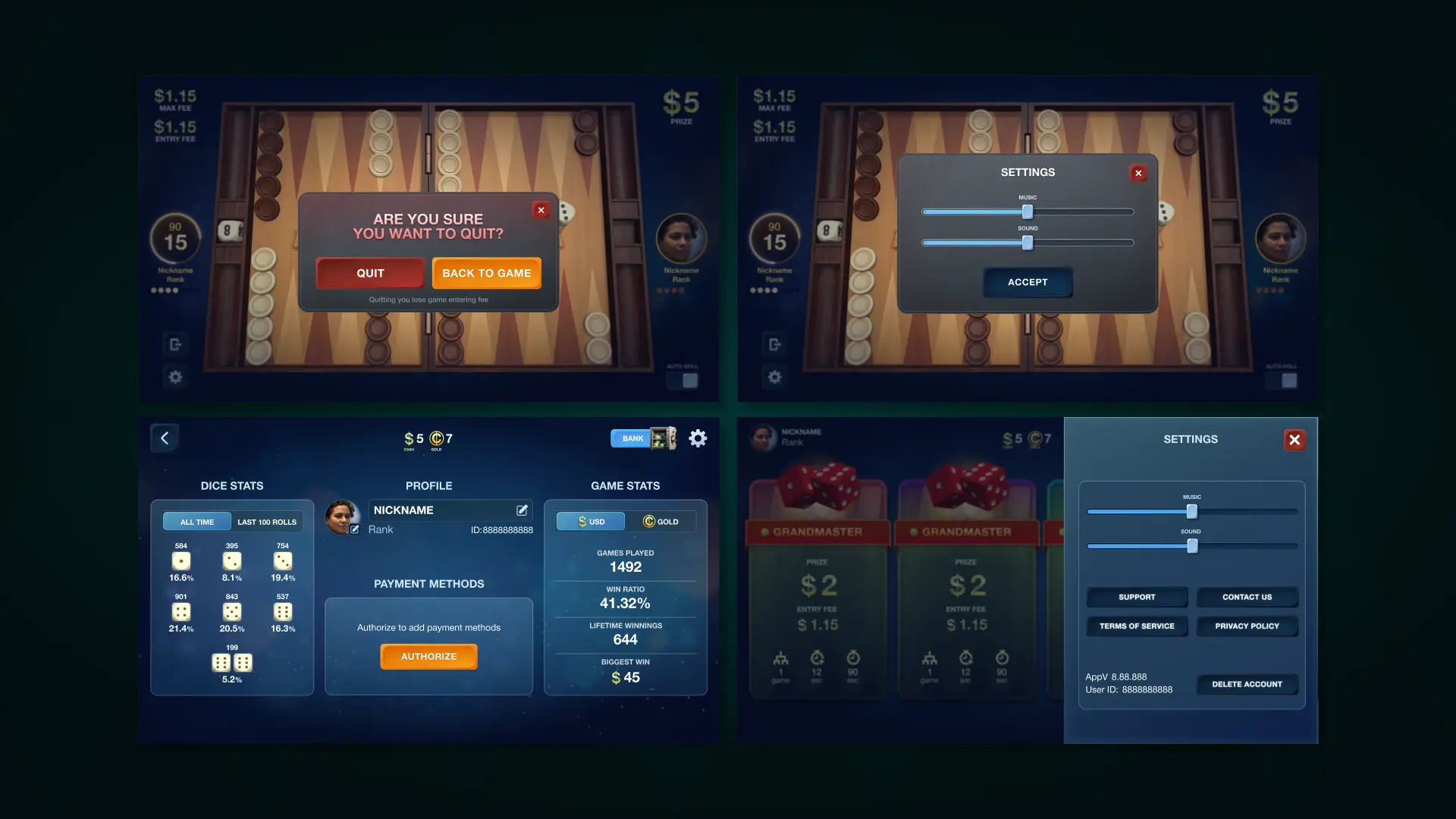backgammon cash settings profile stats interface screens