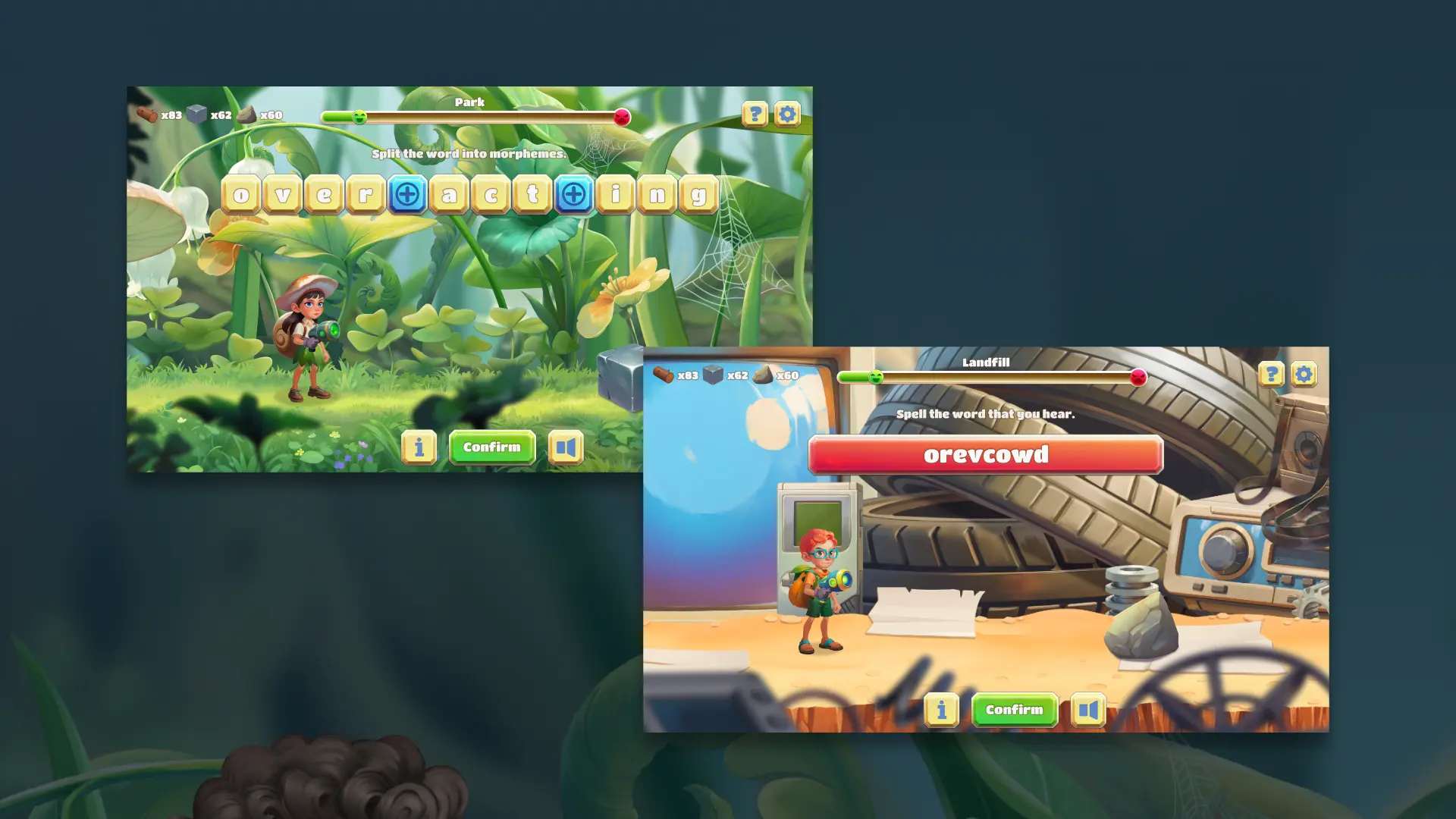 spelling game gameplay screens morpheme puzzle levels