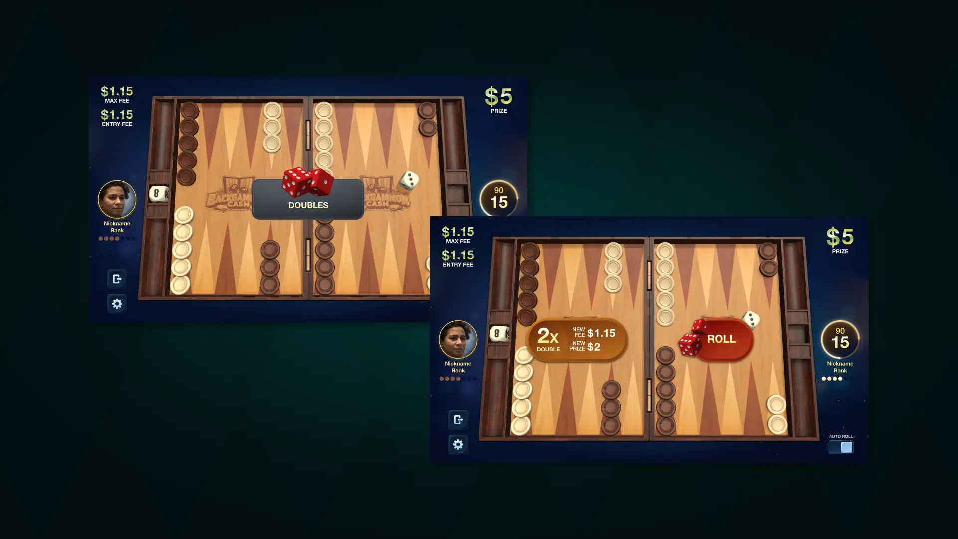 backgammon cash gameplay dice roll and double feature