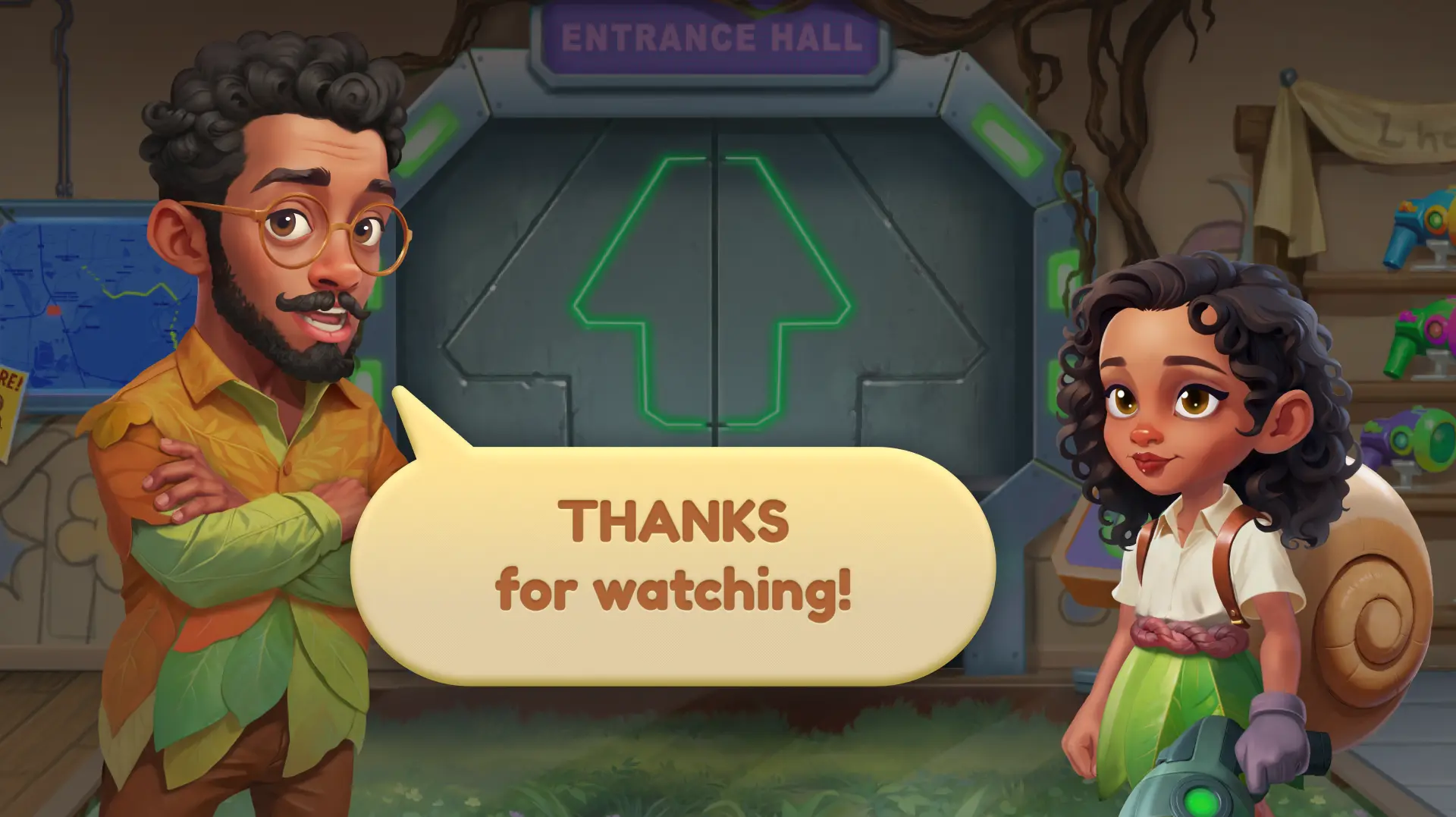 spelling game characters thank you screen