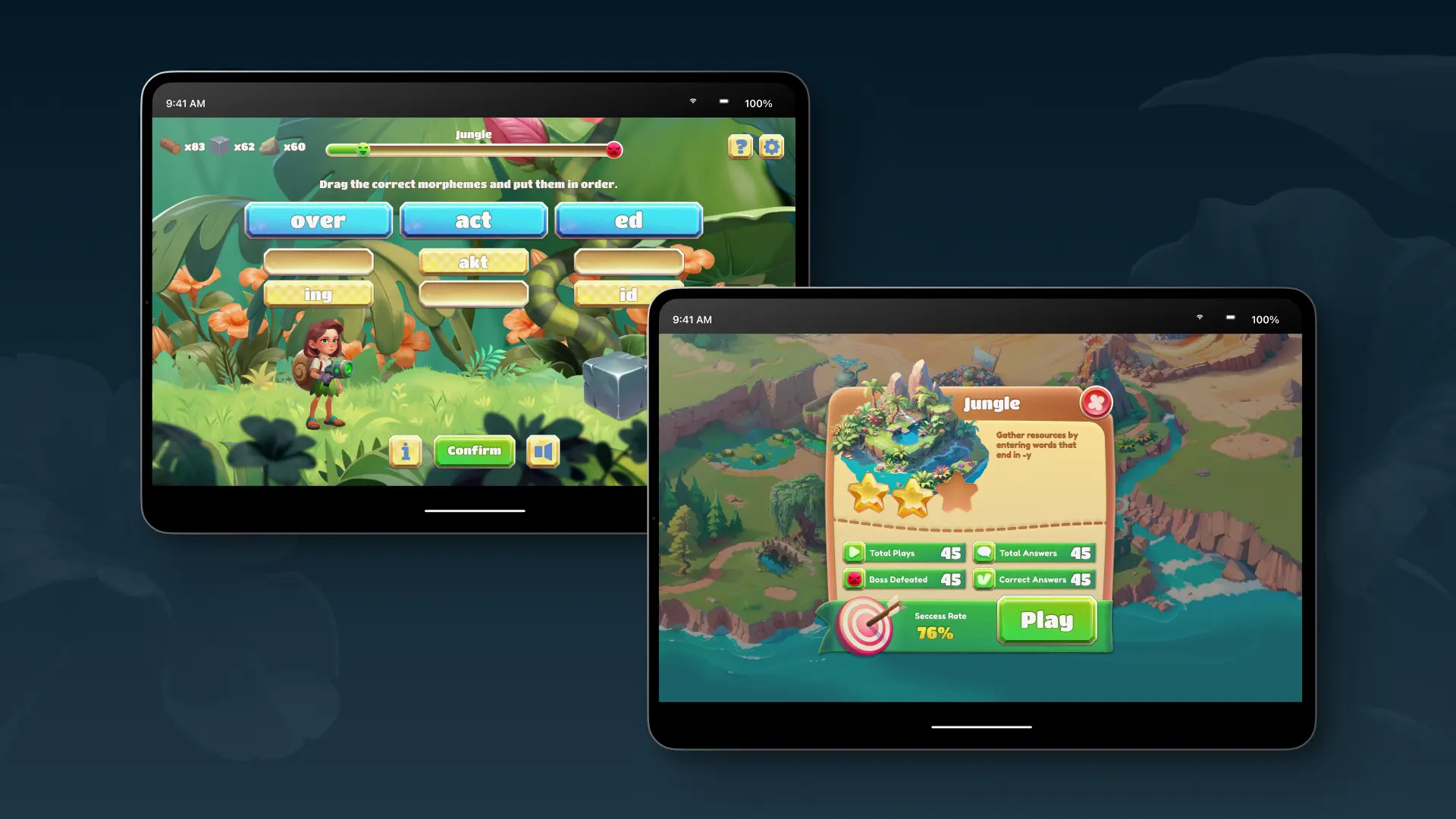 mobile spelling game UI UX interface on tablets