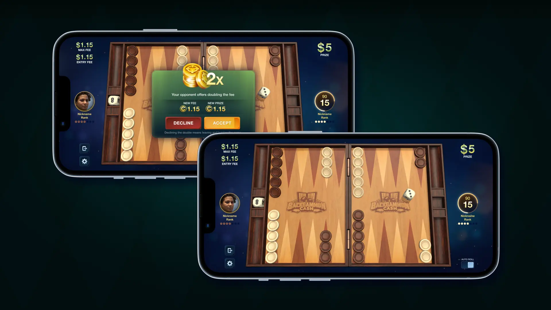 backgammon cash game mobile gameplay interface