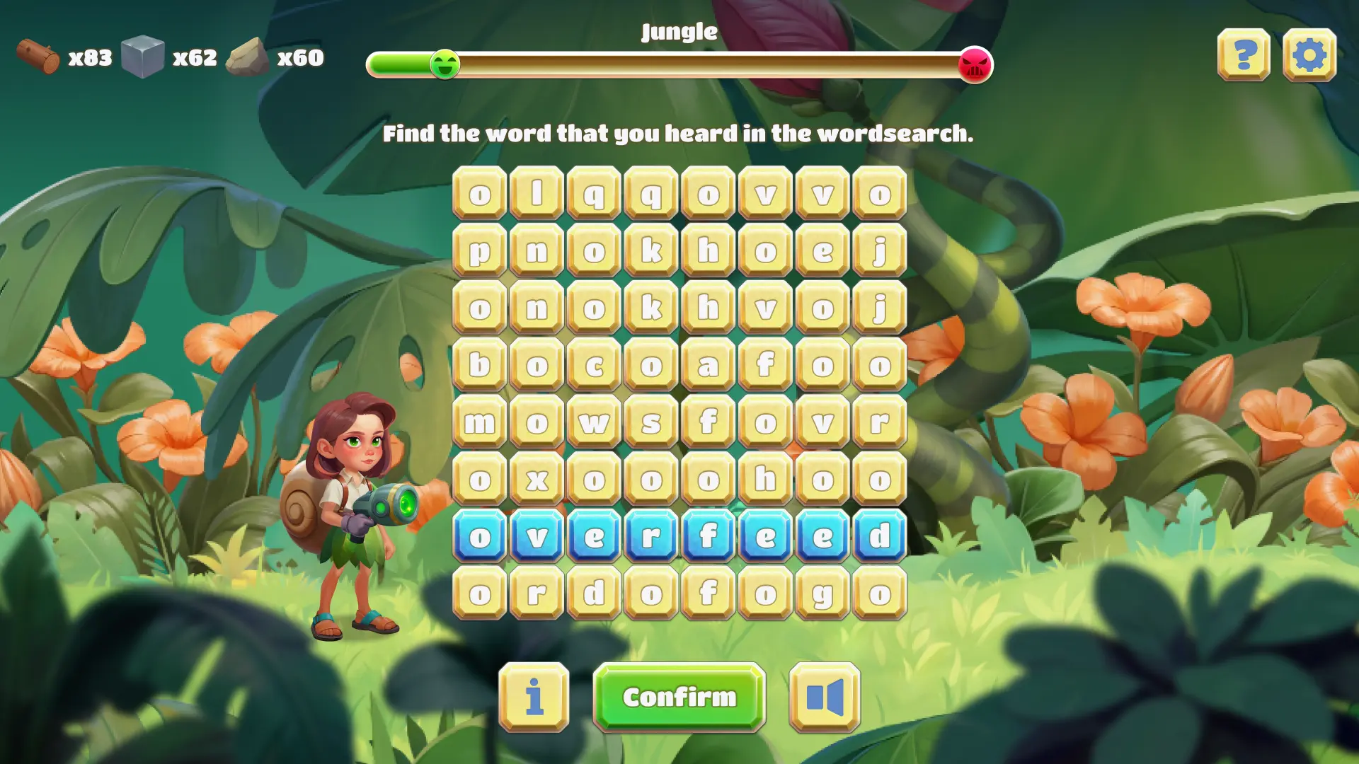 spelling game word search gameplay jungle UI