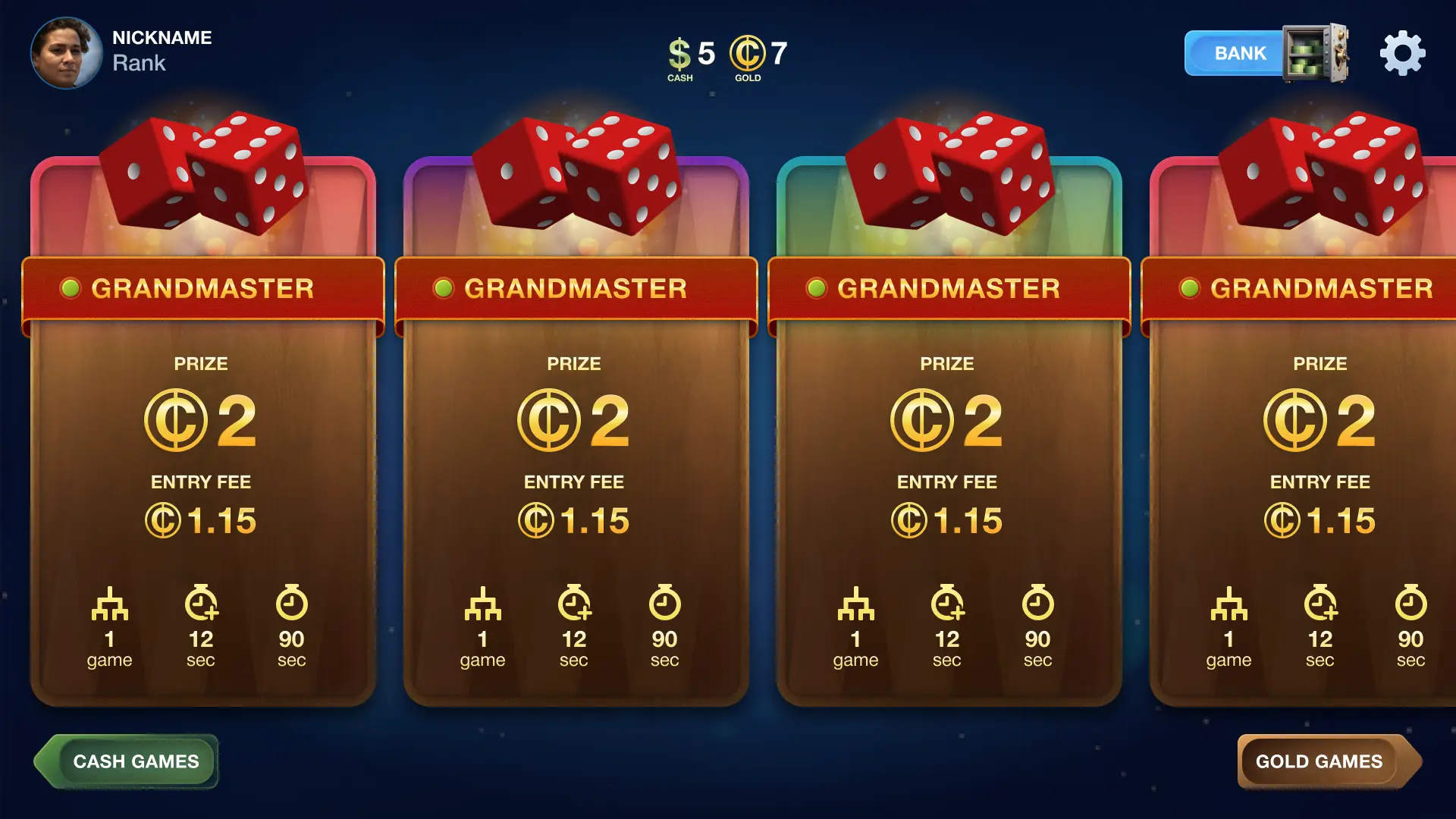 backgammon cash game modes prize entry interface