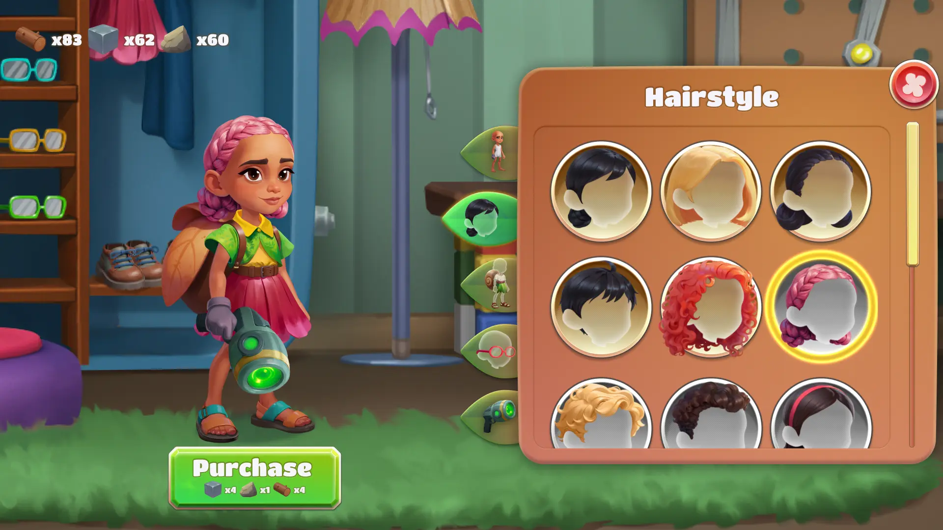game character customization hairstyle selection UI screen