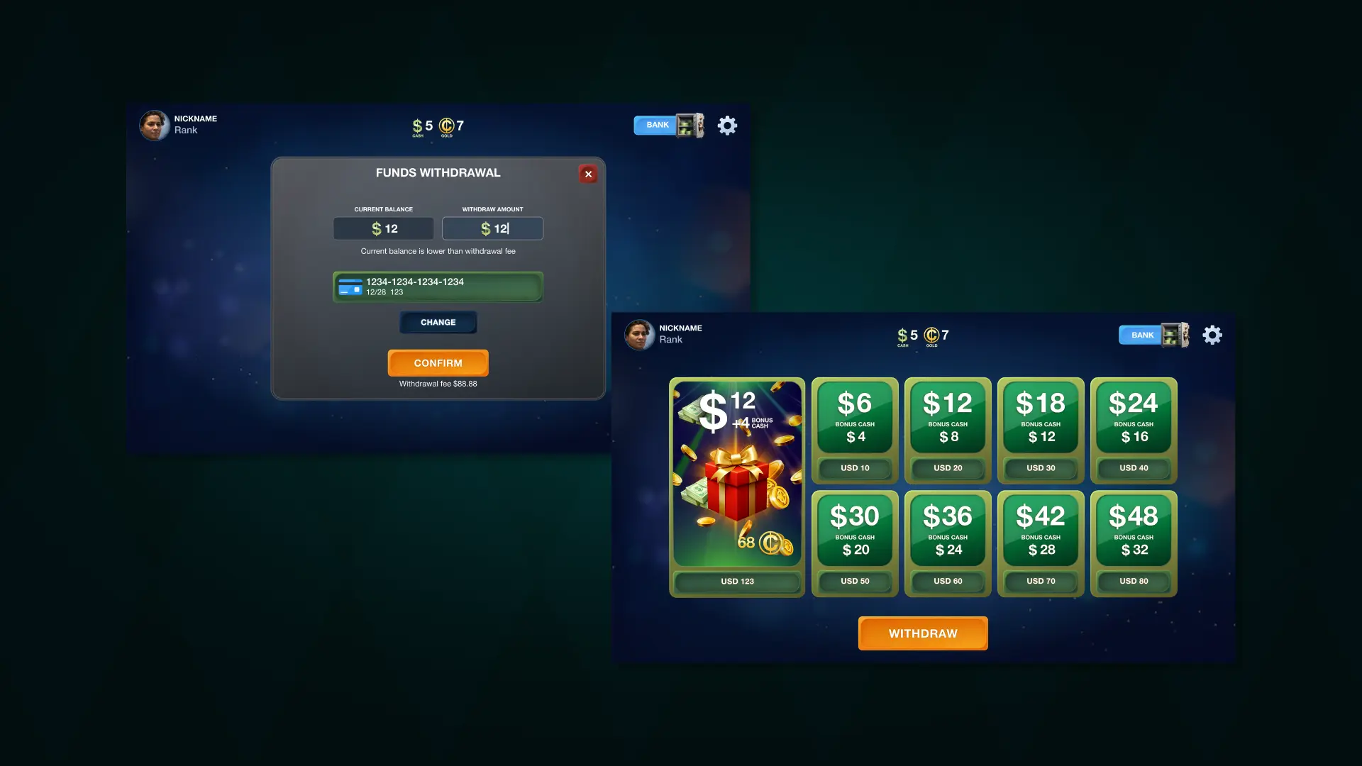 backgammon cash payment withdrawal and deposit interface